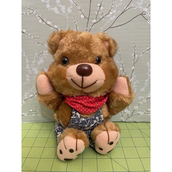 Dan Brechner Teddy Bear Overalls Plush Stuffed Animal 8” Vintage Red Bandana - Picture 1 of 8